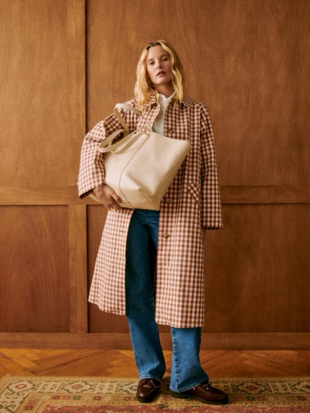 Sezane Clyde Trench Coat Brown Ecru Gingham 32